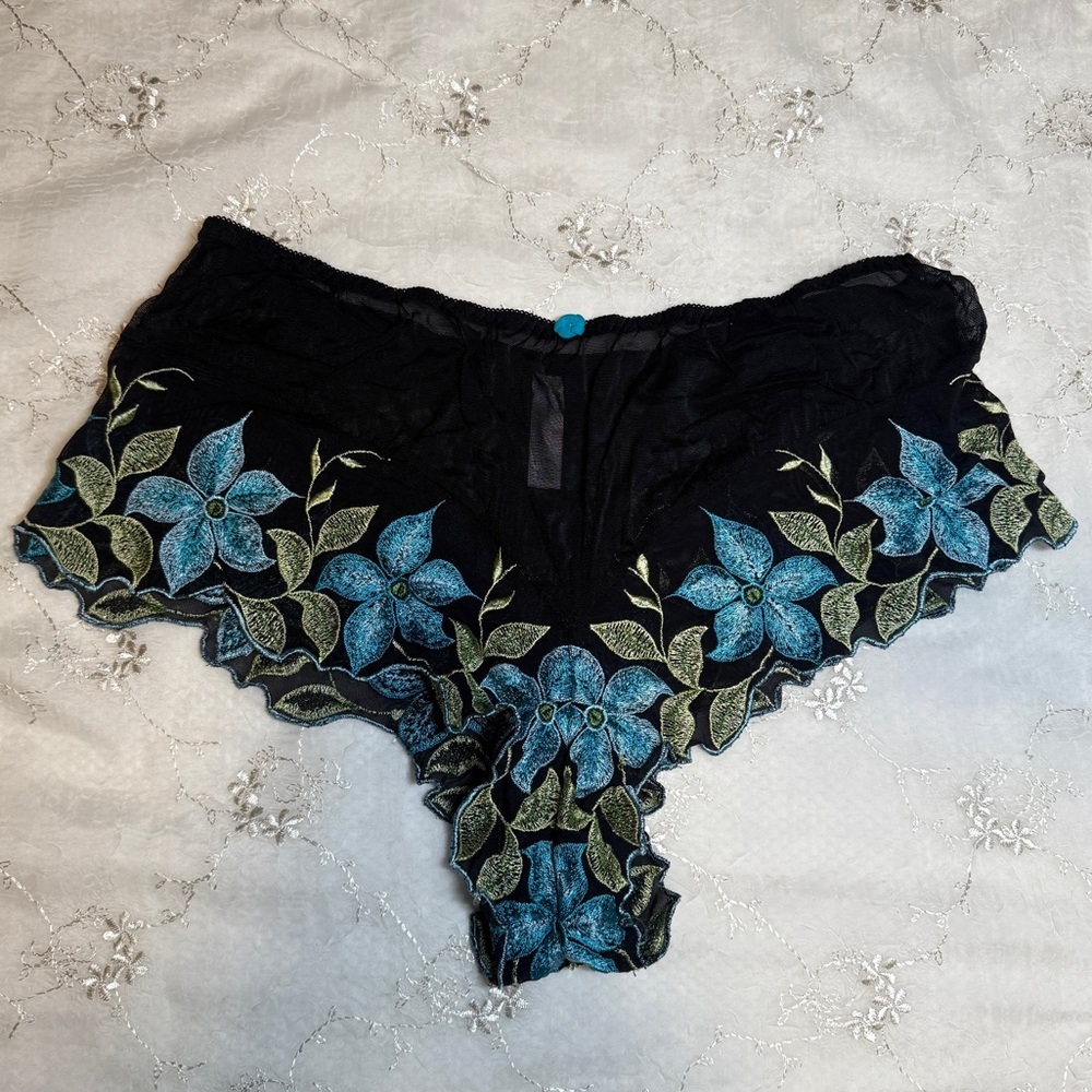 Vintage Y2K Cacique Black Floral Mesh Embroidered Cheeky Panty – Size 18/20